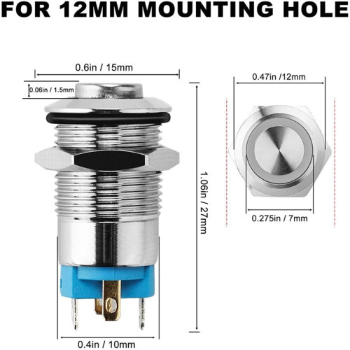 10PCS 12mm Latching Push Button  High Round Cap, Waterproof Metal Push Button  with 12V/24V  Light 2
