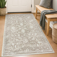 3x5 Vintage Floral NonSlip Area Rug, Washable Beige and White Entryway Carpet for Indoor Use