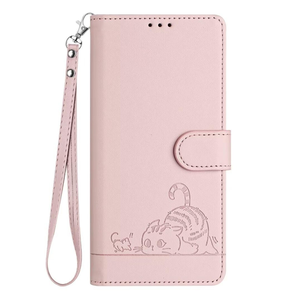 Leather Case For Google Pixel 5 With Wrist Strap, Slim Cat Pattern Cover With Antislip Grip Design Pink 9073542362890