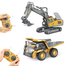 Remote Control Excavator and Dump Truck Toy Set with Metal Parts, 680 Rotation, 2.4GHz, Lights and Sounds