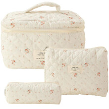 Makeup Cosmetic Bag 3 Pcs Cotton Quilted Makeup Bag Aesthetic Floral Toiletry Bag for Women,D