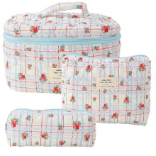 Makeup Cosmetic Bag 3 Pcs Cotton Quilted Makeup Bag Aesthetic Floral Toiletry Bag for Women,C