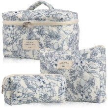 Bolsa de CosméTicos de Maquillaje Bolsa de Maquillaje Acolchada de AlgodóN de 3 Piezas Bolsa de Aseo Floral EstéTica para Mujer,A