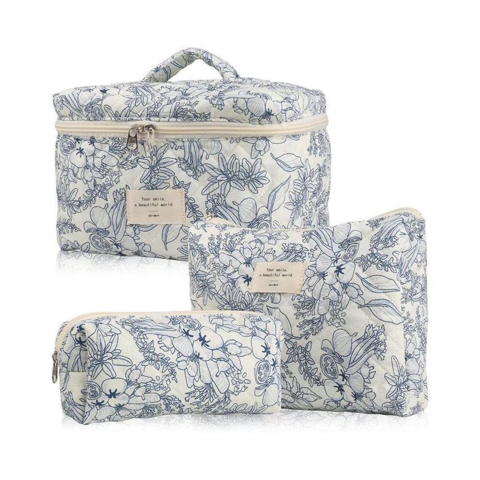 Makeup Cosmetic Bag 3 Pcs Cotton Quilted Makeup Bag Aesthetic Floral Toiletry Bag for Women,A