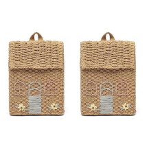 2X Double-Shoulder Straw Woven Bag Children'S Backpack Straw Woven Bag Student School Bag with Hand-Carrying