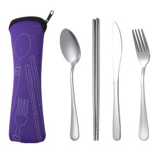 Juego de 4 Piezas de Vajilla Portátil de Acero Inoxidable, Cuchara, Tenedor, Cuchillo para Carne, Cubiertos de Viaje, Vajilla con Bolsa Púrpura