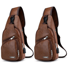 2X USB Interface Plenty of Space Mens Casual Bag Fashion Outdoor Sling Bag Travel Day Pack PU Leather Light Brown