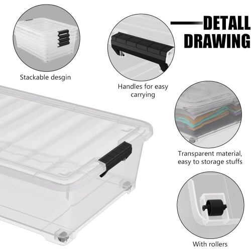 25 Quart Under Bed Storage Bin with Wheels, Clear Plastic Box 4 Pack with Secure Latch Closure 1
