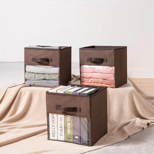Fabric  Storage Box Transparent Storage Box for Closet Foldable Storage Box Brown 2