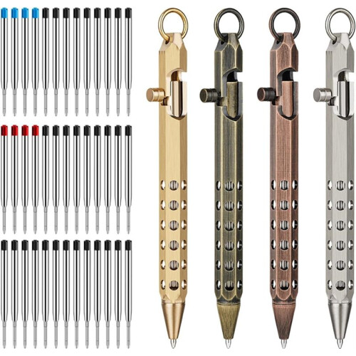4Pack Bolt Action Pen Set, Hexagonal Solid Brass Pocket Pen with 40 Ballpoint Refills