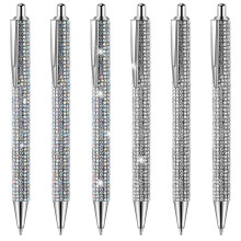 6 Pcs Cute Pen Bling Diamond Pens Christmas Rhinestones Gift Silver Metal Ballpoint Pens Fancy Sparkly Crystal Pens A