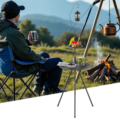 Round Camping Table Double Layer Small Folding Table Compact Beach Camp Accessories Backpacking Tool for BBQ Picnics