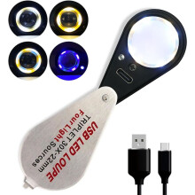 Lupa de Joyero 30X Recargable por USB con Luces UV y LED, Cuatro Tipos de Luz, para Piedras Preciosas, Monedas y Sellos.