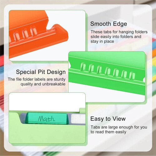 100 Pieces File Folder Tabs 3.15 Inch Hanging File Folder Tabs and Inserts Plastic Hanging File Tabs, Multicolor