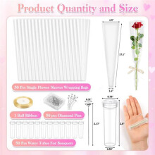 50 Pcs Single Rose Sleeve with Floral Water Tubes, Flower Water Tubes with Single Flower Sleeve, Diamond Pins and Ribbon
