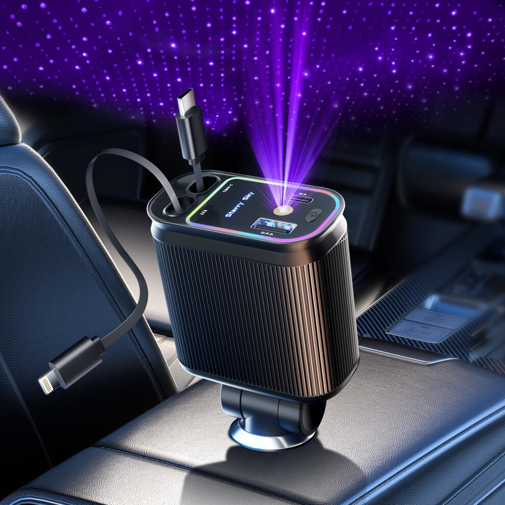 Retractable Car Charger 66W Fast Charging Dual Connector Cable Usb C And Lightning For Iphone And Android Devices Black 9169991079066