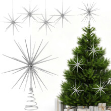Silver Starburst Christmas Tree Topper and 4 Glitter Ornaments Set for Holiday Tree Decorations