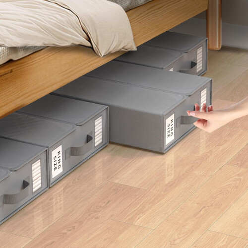 Bedding Storage Box with Window and Handle, Foldable Organizer for Under Bed or Linen Closet, Beige 1