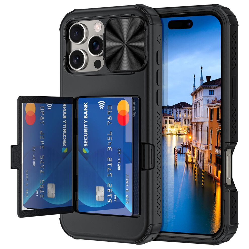 Wallet Case With Card Holder And Slide Camera Cover, Shockproof Rugged Protection, For Iphone 16 Pro Black 9073542365495