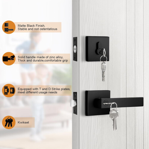 Matte Black Exterior Door Lock Set with Deadbolt, Keyed Alike Front Entry Handle 3 Pack 1