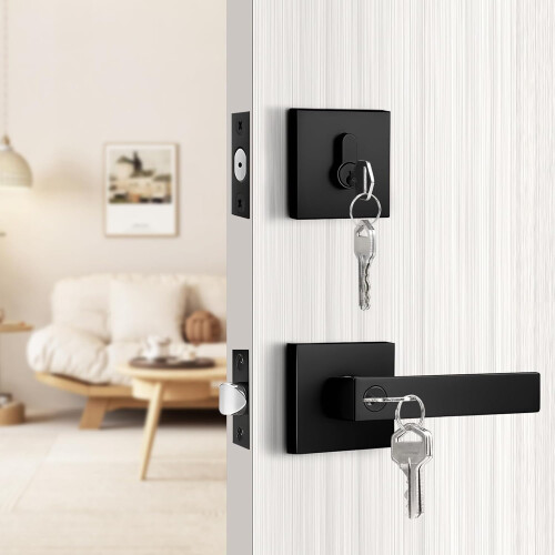 Matte Black Exterior Door Lock Set with Deadbolt, Keyed Alike Front Entry Handle 3 Pack 2