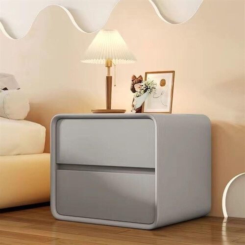 Solid Wood Bedside Table with 2 Drawers, Modern Nightstand with Microfiber Leather, Light Gray