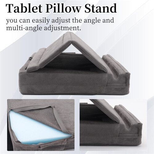 Tablet Pillow Stand with Storage Foldable Holder Angle Adjustable Soft Pad Dock for Bed and Laptop and Desk Gray 1