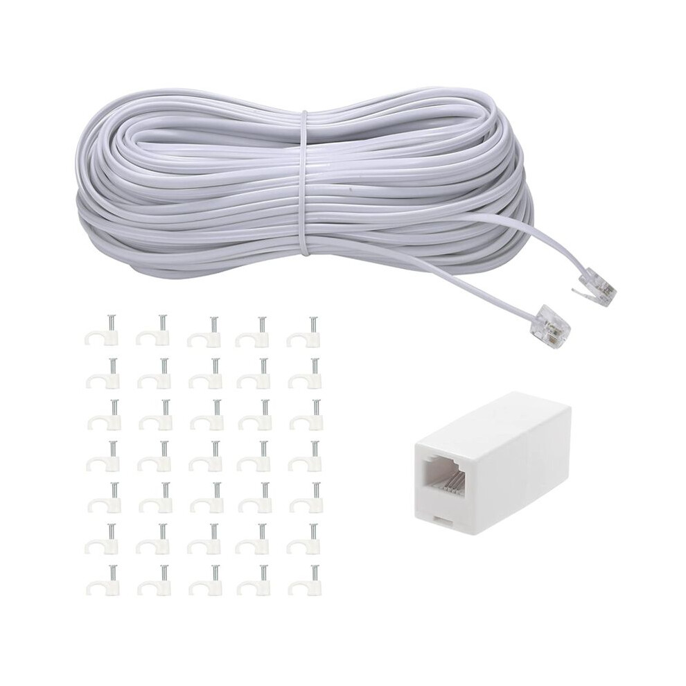 100 Ft Telephone Extension Cord Phone Cable Wire With Couplers And 35 Cable Clip Holders 4713038483429