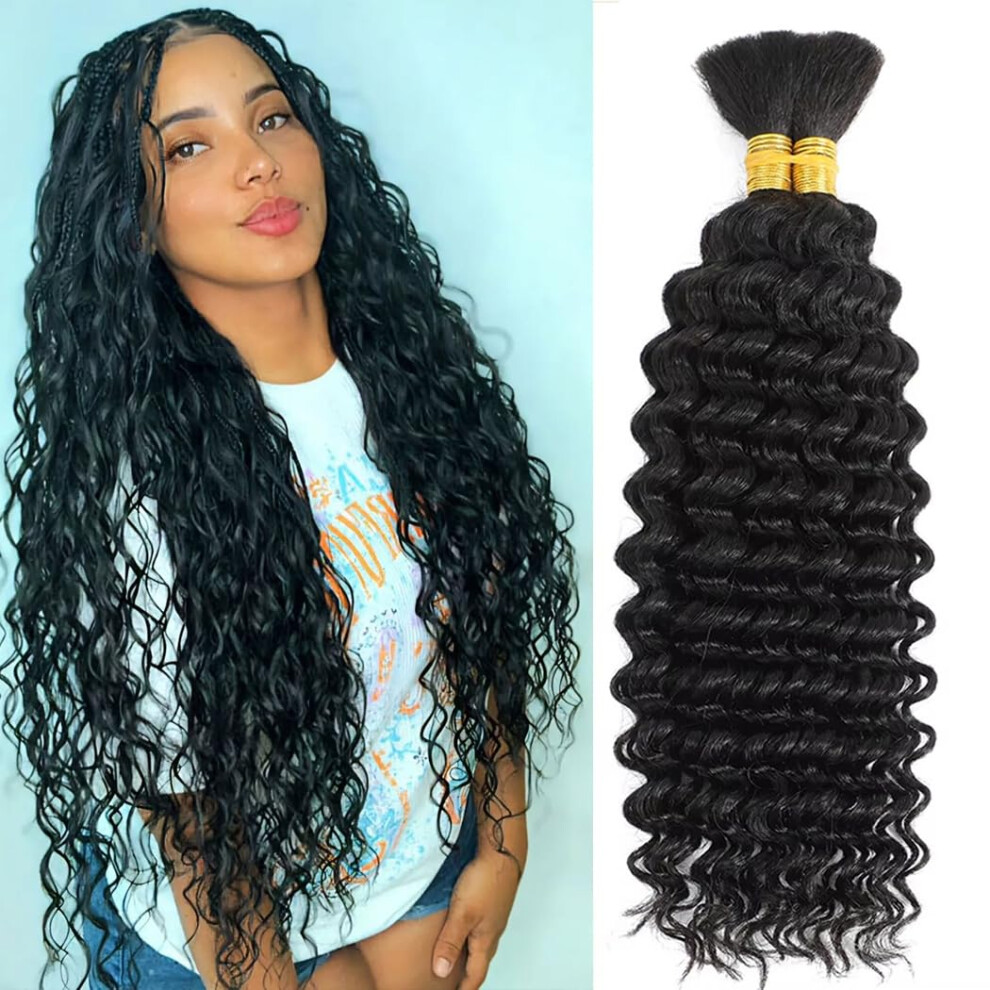 20 Inch Deep Wave Brazilian Virgin Human Braiding Hair, Tangle Bohemian Knotless Curly, Natural Black