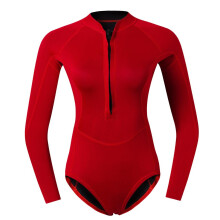Women Neoprene Sleeve Wetsuit Front Zip Diving Bikini Suit Red S