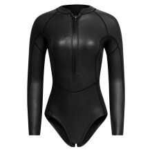 Women Neoprene Sleeve Wetsuit Front Zip Diving Bikini Suit Black Gloss