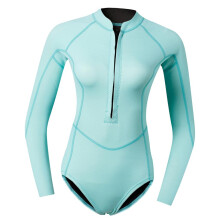Women Neoprene Sleeve Wetsuit Front Zip Diving Bikini Suit Light Blue