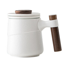Ceramic Tea Mug w/ Filter Lid Wooden Handle for Tea Brewing  White