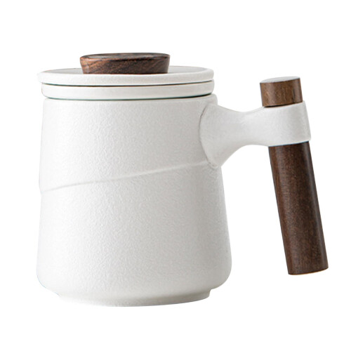 Ceramic Tea Mug w/ Filter Lid Wooden Handle for Tea Brewing  White