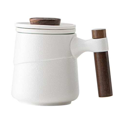 Ceramic Tea Mug w/ Filter Lid Wooden Handle for Tea Brewing  White 1
