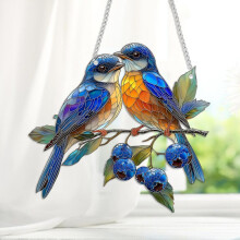Hummingbird Stained Glass Window Panel with Blue Birds, DoubleSided Hanging Sun Catcher Decor