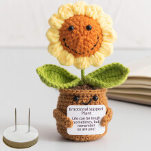 Crochet Sunflower Doll Handmade Plush Flower with Wooden Stand Cute Desk Ornament Gift for Women