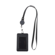 2-Sided Vertical Pu Leather Badge Card Holder Neck Strap Lanyard Dark