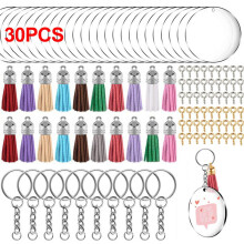 200x Acrylic Circle Discs Keychain blank Tassel Pendants Key rings cle