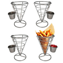 4PCS Stainless Steel French Fry Holder with Dipping Cups, Cone Rack for Parties, Buffets and Festivals