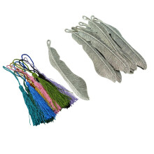 10 Pieces Alloy Feather Bookmarks and 12pcs Silky Tassels Tibetan silv