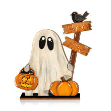 Halloween Wooden Decor with Pumpkin Bucket and Sign - Festive Home Decoration 2pcs