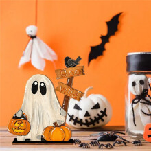 Halloween-Geisterdekor Aus Holz mit Kürbiseimer und Schild - Festliche Heimdekoration, 2 Stück