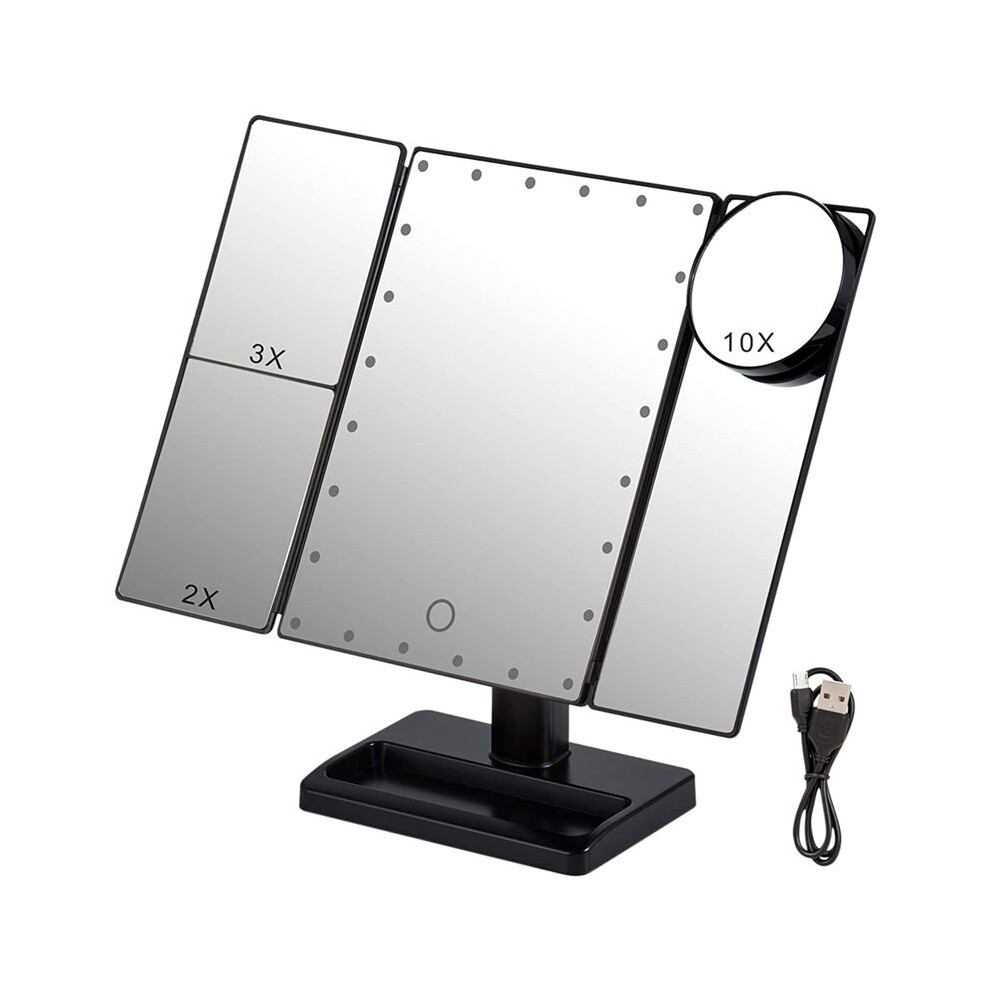 Black Trifold Makeup Mirror With 22 Led Lights,10X/3X/2X Magnification Portable Fold Lighted Table Desk Cosmetic Mirror,