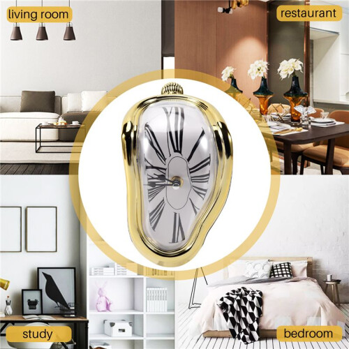 Melting Clock, Block-Type Twisted Clock,Melted Clock for Decorative Home Office Shelf Desk Table Funny  Gift, Gold 2