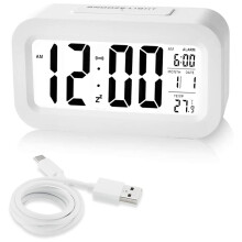 Rechargeable Alarm Clocks, Digital Alarm Clocks Bedside Mains Powered with Light Sensor, 12/24Hours Date White
