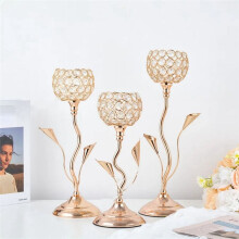 Gold Crystal Candle Holder, Iron Flower Shaped Candlestick Small Vintage Candlestick Set for Table Centerpiece,S