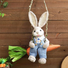 Easter Straw Bunny Figurine, Straw Rabbit Carrot Swing, Bunny Statue Hanging Ornament for Easter Holiday Home Decor B