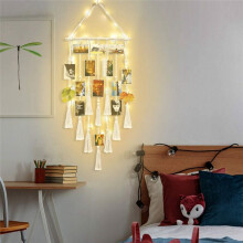 Hanging Photo Display Wall Decor, Wall Hanging Boho Room Bedroom Decor, Photo Frame Collage Board with Lamp Clip