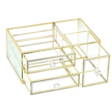 3 Drawer Glass Organizer - Elegant Vanity Storage with Touch of Gold, Great for Lipsticks and Brushes, Clear Visibility